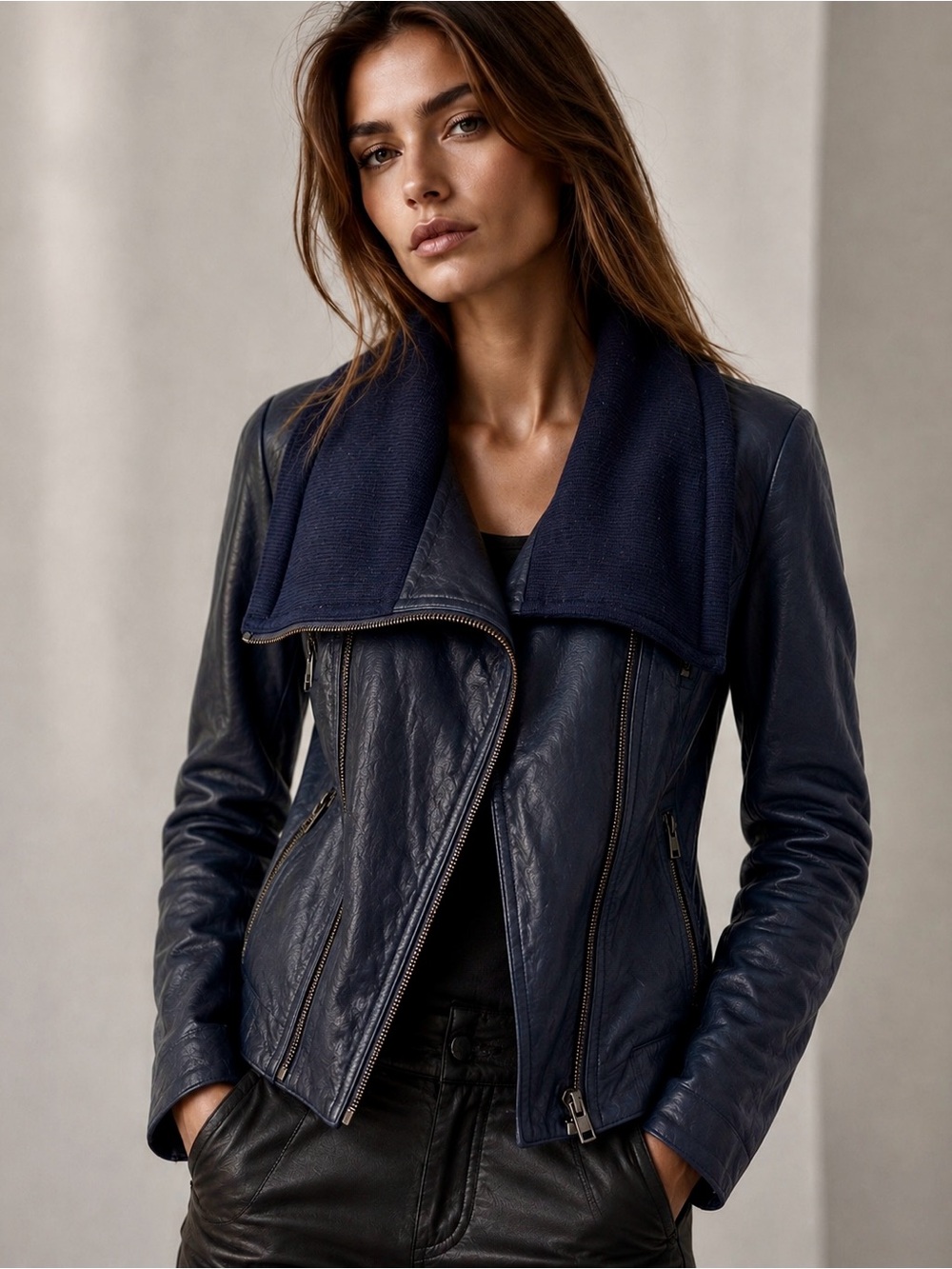 $1100 - RARE Catherine Malandrino Navy Leather Jacket - 4